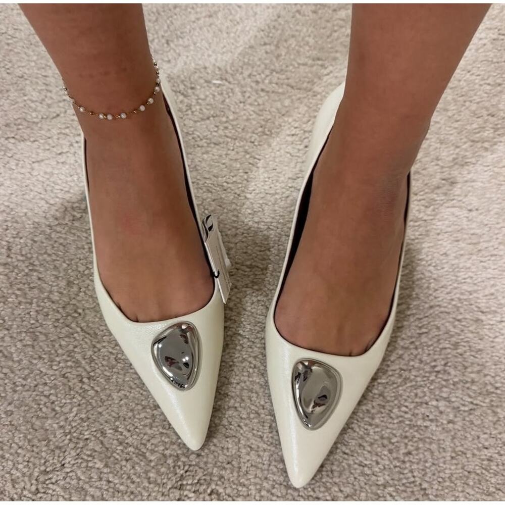 ZARA White Leather Cap Toe Heels NWT Silver Metal Pointed Pumps Size 8 - Picture 11 of 16